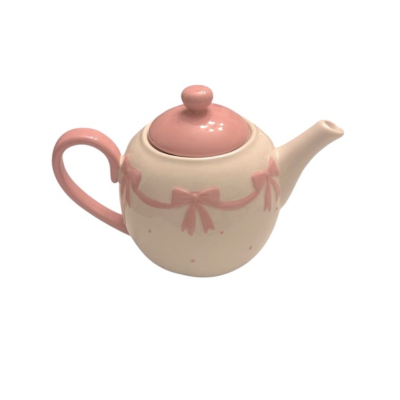 Bluebird & Willow Co Pink and Cream Romantic Bow Stoneware Teapot - Picture 3 of 12
